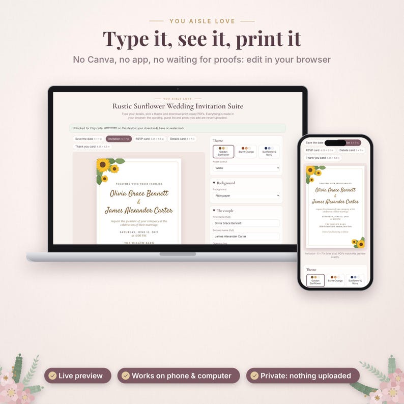 May include: A laptop and smartphone displaying a browser-based wedding invitation editor. The screen shows a Rustic Sunflower Wedding Invitation Suite with editable fields for names, dates, and locations, featuring sunflower graphics.