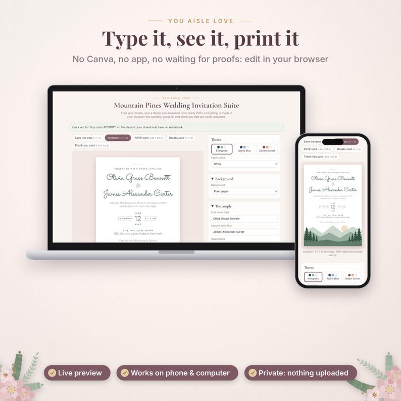 May include: A laptop and a smartphone displaying a Mountain Pines Wedding Invitation Suite editor interface. The screens show editable text fields, theme selection options, and a preview of a wedding invitation with mountain graphics.