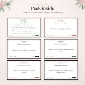May include: A digital presentation titled You Aisle Love Peek inside featuring 45 slides with buttons and links. The slides display a Host Guide and various confession prompts such as Confess a lie you told to get out of plans.