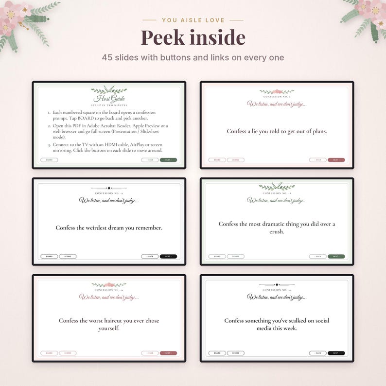 May include: A digital presentation titled You Aisle Love Peek inside featuring 45 slides with buttons and links. The slides display a Host Guide and various confession prompts such as Confess a lie you told to get out of plans.