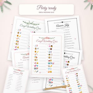 May include: A collection of printed paper sheets featuring an Emoji Wedding Quiz and Answer Key. The documents display floral headers, numbered lists with emoji sequences, and text including Party ready, Emoji Wedding Quiz, and Answer Key.
