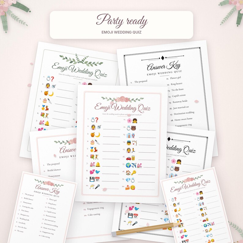 May include: A collection of printed paper sheets featuring an Emoji Wedding Quiz and Answer Key. The documents display floral headers, numbered lists with emoji sequences, and text including Party ready, Emoji Wedding Quiz, and Answer Key.