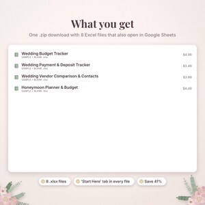 Pu&ograve; includere: Un download digitale contenente otto file Excel compatibili con Google Sheets, tra cui un tracker per il budget di nozze, un tracker per pagamenti e depositi, un confronto fornitori e contatti, e un pianificatore di lune di miele.