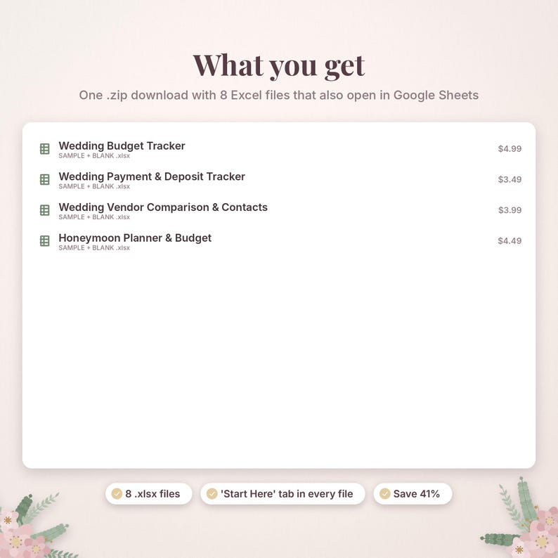 Pu&ograve; includere: Un download digitale contenente otto file Excel compatibili con Google Sheets, tra cui un tracker per il budget di nozze, un tracker per pagamenti e depositi, un confronto fornitori e contatti, e un pianificatore di lune di miele.