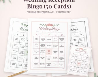 Pode incluir: Um conjunto de cartões de bingo para recepção de casamento imprimíveis com cabeçalho floral, uma grade cinco por cinco com textos como Cake cutting e First kiss, e um quadrado central Love. Inclui 50 cartões, 3 temas e formato A4.