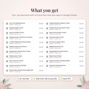 May include: A digital product listing titled What you get, featuring a list of 42 Excel files for wedding planning, including trackers for budgets, guest lists, vendors, timelines, and checklists, compatible with Google Sheets and Excel software.