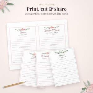 May include: Printable wedding stationery set featuring Advice for the Bride and Wishes & Advice for the Newlyweds cards. The white cards have pink floral accents, black text, and lined sections for writing. Includes a wooden pencil.
