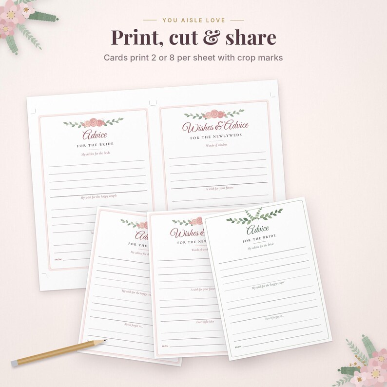 May include: Printable wedding stationery set featuring Advice for the Bride and Wishes & Advice for the Newlyweds cards. The white cards have pink floral accents, black text, and lined sections for writing. Includes a wooden pencil.