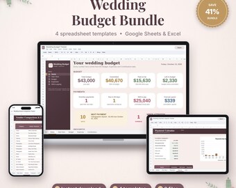 May include: A digital wedding budget bundle featuring four spreadsheet templates for Google Sheets and Excel. The display shows a laptop, tablet, and smartphone screen with financial tracking data, including budget totals, payment calendars, and vendor lists.