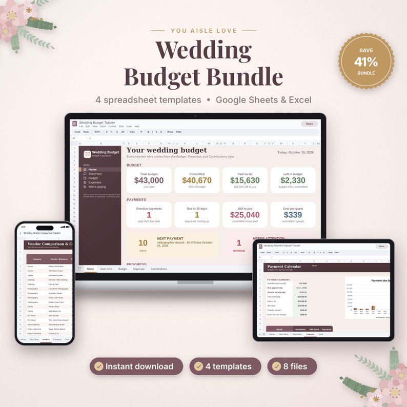 Pu&ograve; includere: Un pacchetto digitale per il budget di matrimonio con quattro modelli di fogli di calcolo per Google Sheets ed Excel. Lo schermo mostra un portatile, un tablet e uno smartphone con dati di tracciamento finanziario, budget e calendari di pagamento.