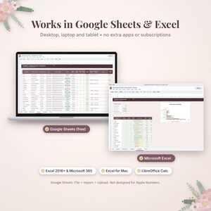 May include: A digital spreadsheet template displayed on a laptop and tablet screen, featuring the text Works in Google Sheets & Excel. The interface shows a vendor comparison tracker with columns for contact details, pricing, and notes.