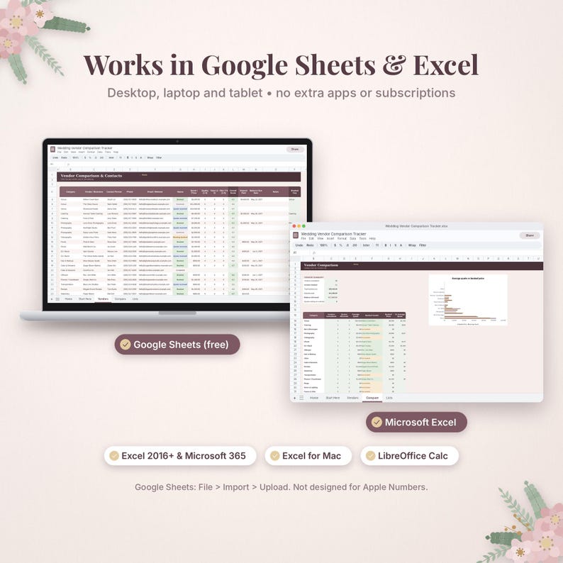 May include: A digital spreadsheet template displayed on a laptop and tablet screen, featuring the text Works in Google Sheets & Excel. The interface shows a vendor comparison tracker with columns for contact details, pricing, and notes.