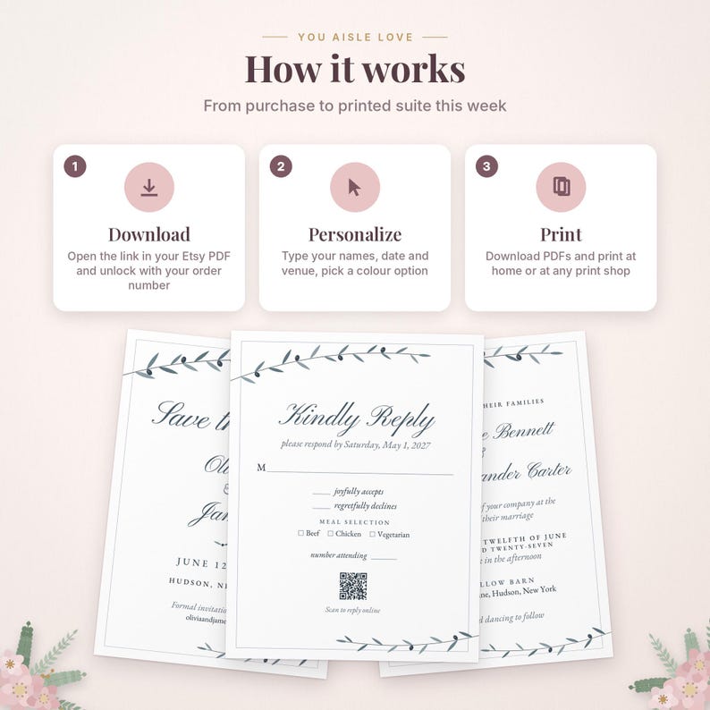 以下が含まれることがあります： How it worksと題された3ステップの解説画像。Download、Personalize、Printの項目があります。その下には、黒い文字、オリーブの枝のイラスト、オンライン返信用のQRコードが印刷された3枚の白い結婚式の招待状カードが並んでいます。