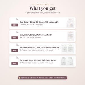 May include: A digital product listing titled You Aisle Love What you get, featuring 4 printable PDF files for Bar Crawl Bingo. The list includes US Letter 8.5 x 11 inch and A4 210 x 297 mm formats, with 30 cards, answer keys, and host sheets.