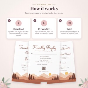 May include: An instructional graphic titled How it works showing three steps: Download, Personalize, and Print. Below are three wedding stationery cards featuring a mountain landscape illustration with trees and a sun in warm earth tones.