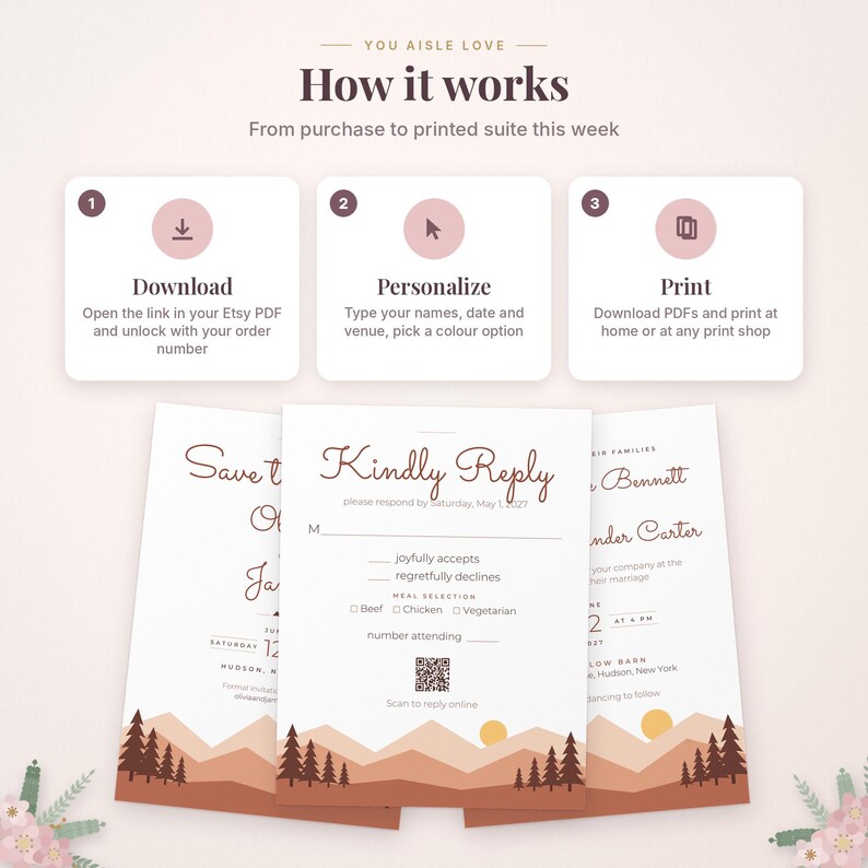 May include: An instructional graphic titled How it works showing three steps: Download, Personalize, and Print. Below are three wedding stationery cards featuring a mountain landscape illustration with trees and a sun in warm earth tones.