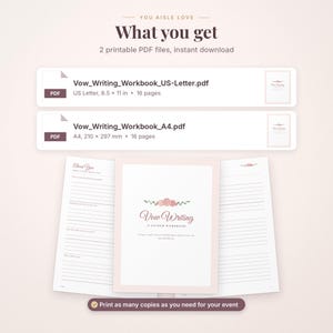 K&ouml;nnte beinhalten: Ein digitales Arbeitsbuch zum Schreiben von Eheversprechen mit zwei PDF-Dateien, US Letter 8,5 x 11 Zoll und A4 210 x 297 mm. Das Cover zeigt rosa Blumen und den Text Vow Writing A GUIDED WORKBOOK. Enth&auml;lt 16 Seiten.