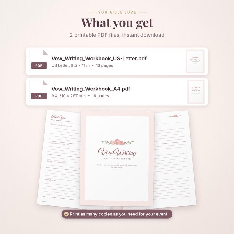 K&ouml;nnte beinhalten: Ein digitales Arbeitsbuch zum Schreiben von Eheversprechen mit zwei PDF-Dateien, US Letter 8,5 x 11 Zoll und A4 210 x 297 mm. Das Cover zeigt rosa Blumen und den Text Vow Writing A GUIDED WORKBOOK. Enth&auml;lt 16 Seiten.