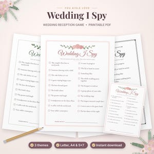 May include: A printable Wedding I Spy reception game featuring a checklist of moments to photograph, decorated with pink floral illustrations. The document includes text such as Wedding I Spy, Wedding Reception Game, and Printable PDF.