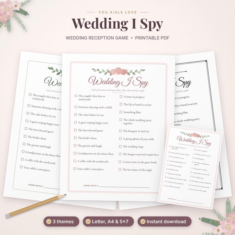 May include: A printable Wedding I Spy reception game featuring a checklist of moments to photograph, decorated with pink floral illustrations. The document includes text such as Wedding I Spy, Wedding Reception Game, and Printable PDF.