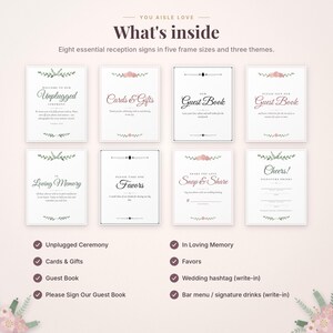 May include: A collection of eight white reception signs with black and pink floral accents. The text includes: Unplugged Ceremony, Cards & Gifts, Our Guest Book, Please Sign Our Guest Book, In Loving Memory, Please Take One Favours, Snap & Share, and Cheers.