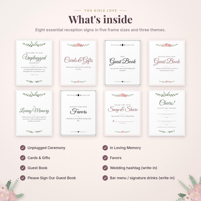 May include: A collection of eight white reception signs with black and pink floral accents. The text includes: Unplugged Ceremony, Cards & Gifts, Our Guest Book, Please Sign Our Guest Book, In Loving Memory, Please Take One Favours, Snap & Share, and Cheers.