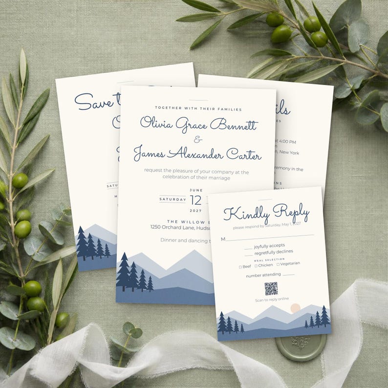 May include: A wedding invitation suite featuring cream-colored paper with dark blue text and a mountain landscape graphic at the bottom. The cards include names Olivia Grace Bennett and James Alexander Carter, a date of June 12, 2027, and a QR code.