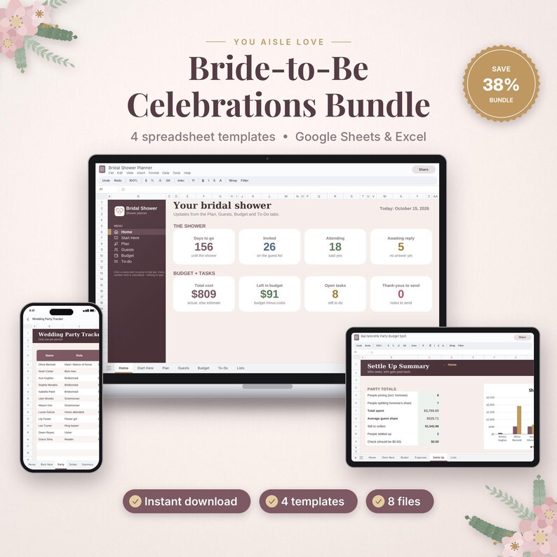 May include: A digital Bride-to-Be Celebrations Bundle featuring 4 spreadsheet templates for Google Sheets and Excel. The display shows a laptop, tablet, and smartphone screen with bridal shower planning dashboards, budget trackers, and party summaries.