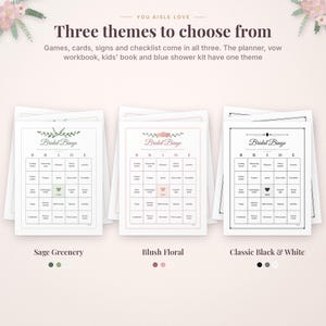 May include: Three printable Bridal Bingo game cards featuring different design themes: Sage Greenery, Blush Floral, and Classic Black & White. Each card includes a grid with the word BRIDE at the top and various household items listed in the squares.