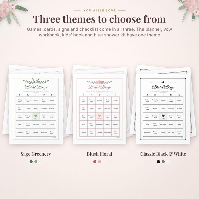 May include: Three printable Bridal Bingo game cards featuring different design themes: Sage Greenery, Blush Floral, and Classic Black & White. Each card includes a grid with the word BRIDE at the top and various household items listed in the squares.