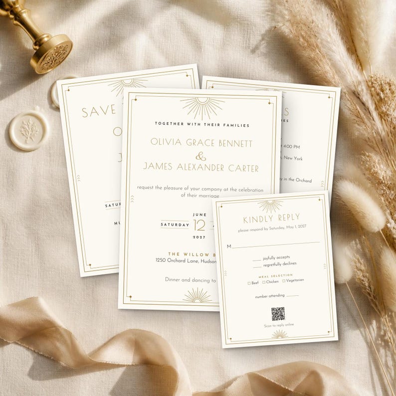 K&ouml;nnte beinhalten: Ein Set cremefarbener Hochzeitseinladungskarten mit goldenen Sonnen-Symbolen, d&uuml;nnen Rahmenlinien und schwarzem Text. Die Karten umfassen einen Save-the-Date-Hinweis, eine formelle Einladung f&uuml;r Olivia Grace Bennett und James Alexander Carter sowie eine Antwortkarte.