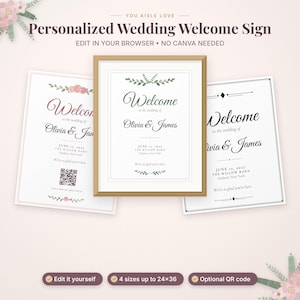 May include: Three rectangular wedding welcome signs with white backgrounds and black text. The signs feature the names Olivia & James, the date June 12, 2027, and the location The Willow Barn, Hudson, New York. One sign includes a QR code.