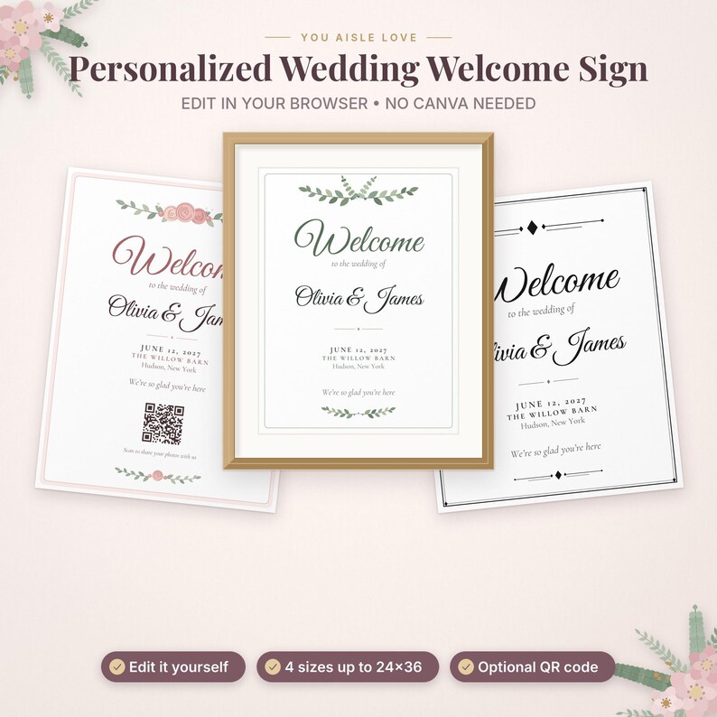 May include: Three rectangular wedding welcome signs with white backgrounds and black text. The signs feature the names Olivia & James, the date June 12, 2027, and the location The Willow Barn, Hudson, New York. One sign includes a QR code.
