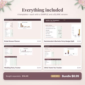 May include: A digital planning bundle featuring four templates: Bridal Shower Planner, Bachelorette & Bachelor Party Budget Split, Wedding Party Tracker, and Gift & Thank-You Tracker. Each template includes sample and blank versions with charts.