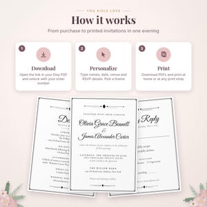 May include: An instructional graphic titled How it works with three steps: Download, Personalize, and Print. Below are three white wedding invitation cards with black text featuring names Olivia Grace Bennett and James Alexander Carter.
