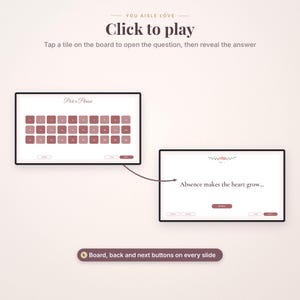 May include: A digital game interface titled You Aisle Love with a Pick a Phrase board featuring numbered tiles. A second screen displays the text Absence makes the heart grow with a Reveal button and navigation controls for back and next.