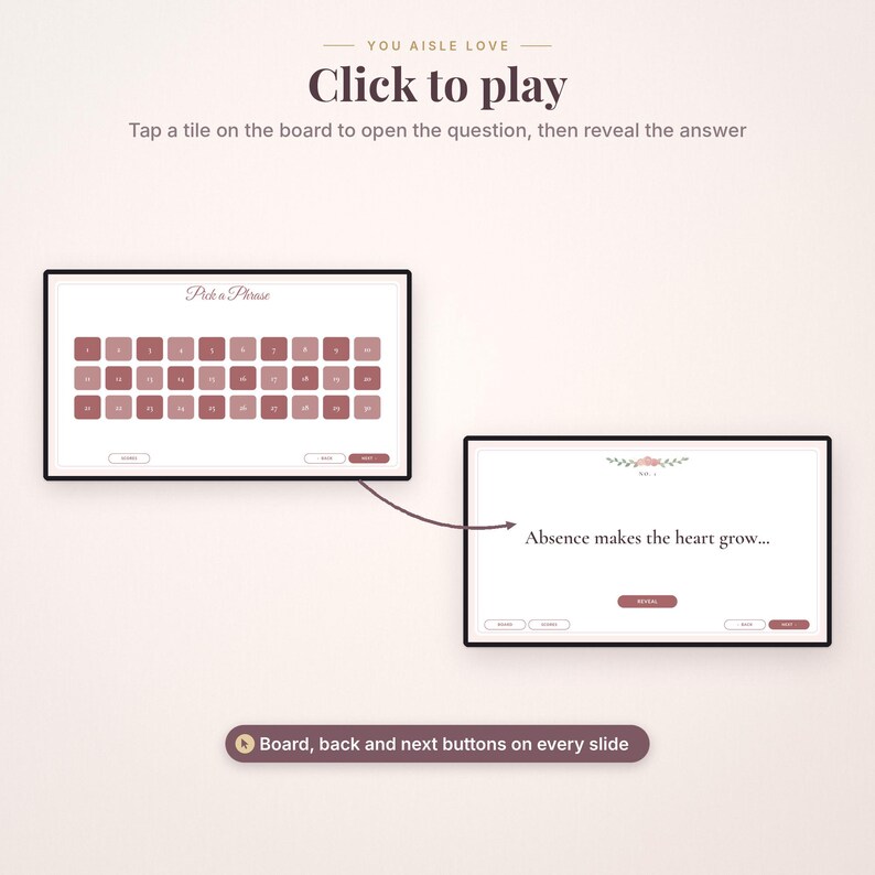 May include: A digital game interface titled You Aisle Love with a Pick a Phrase board featuring numbered tiles. A second screen displays the text Absence makes the heart grow with a Reveal button and navigation controls for back and next.