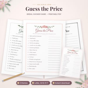 May include: A printable bridal shower game card titled Guess the Price with a floral header. The list includes 15 household items like a bath towel set, stand mixer, and air fryer, with blank lines for writing guesses next to each item.