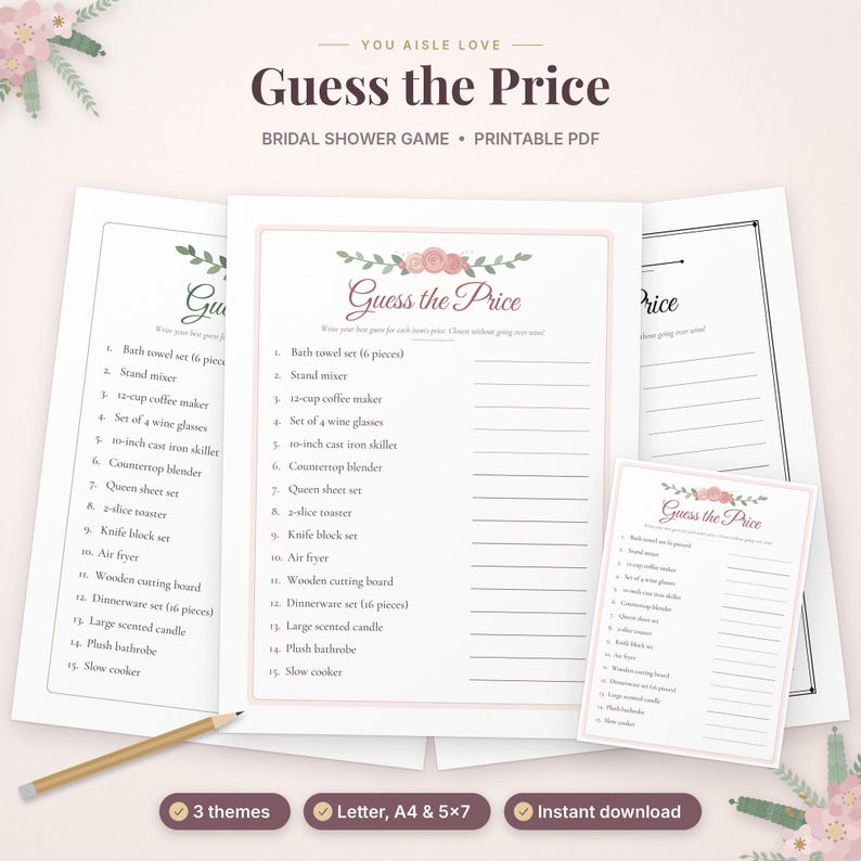 May include: A printable bridal shower game card titled Guess the Price with a floral header. The list includes 15 household items like a bath towel set, stand mixer, and air fryer, with blank lines for writing guesses next to each item.