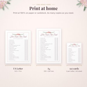 May include: A digital wedding game set titled He Said, She Said featuring floral accents. Includes three printable formats: US Letter at 8.5 x 11 inches, A4 at 210 x 297 mm, and 5 x 7 inch cards. The text reads Print at home and You Aisle Love.