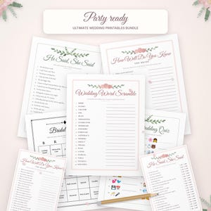 May include: A collection of wedding game printables featuring floral accents and pink borders. Titles include Party Ready, He Said She Said, How Well Do You Know The Bride, Wedding Word Scramble, and Bridal Bingo. A wooden pencil rests on the papers.