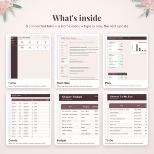 May include: A digital bridal shower planner spreadsheet featuring six connected tabs and a home menu. The interface includes sections for guest lists, budget tracking, to-do lists, and event planning details with a light pink and dark brown color scheme.