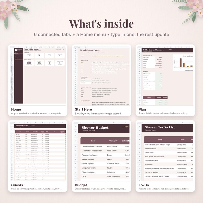 May include: A digital bridal shower planner spreadsheet featuring six connected tabs and a home menu. The interface includes sections for guest lists, budget tracking, to-do lists, and event planning details with a light pink and dark brown color scheme.