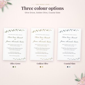 Puede incluir: Tres tarjetas de invitaci&oacute;n de boda con el texto You Aisle Love y Three colour options. Los dise&ntilde;os presentan esquemas de color Olive Grove, Golden Olive y Coastal Slate con ilustraciones de ramas de olivo y detalles formales.