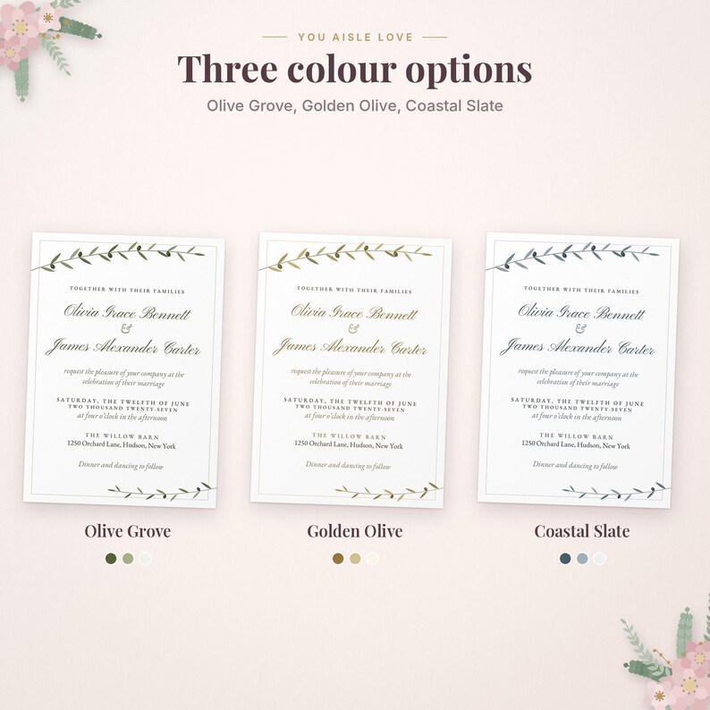 Puede incluir: Tres tarjetas de invitaci&oacute;n de boda con el texto You Aisle Love y Three colour options. Los dise&ntilde;os presentan esquemas de color Olive Grove, Golden Olive y Coastal Slate con ilustraciones de ramas de olivo y detalles formales.