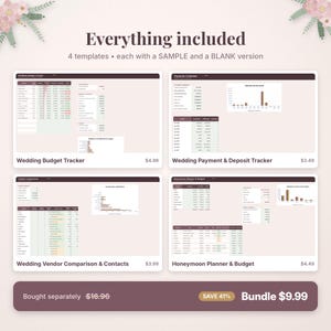 Pu&ograve; includere: Un pacchetto digitale per l'organizzazione di matrimoni che include quattro modelli: Wedding Budget Tracker, Wedding Payment & Deposit Tracker, Wedding Vendor Comparison & Contacts e Honeymoon Planner & Budget. Ogni modello include una versione di esempio e una vuota.