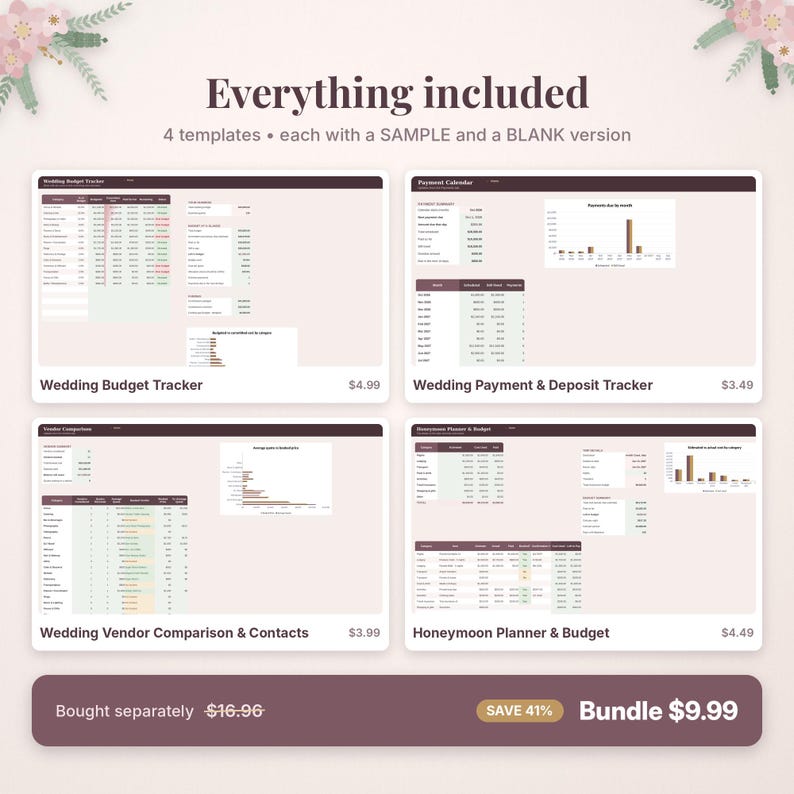 Pu&ograve; includere: Un pacchetto digitale per l'organizzazione di matrimoni che include quattro modelli: Wedding Budget Tracker, Wedding Payment & Deposit Tracker, Wedding Vendor Comparison & Contacts e Honeymoon Planner & Budget. Ogni modello include una versione di esempio e una vuota.