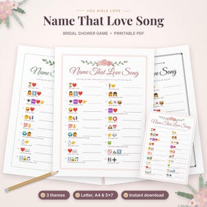 Pu&ograve; includere: Un gioco stampabile per addio al nubilato Name That Love Song con indizi emoji per i titoli delle canzoni. I fogli bianchi presentano intestazioni floreali, elenchi numerati con emoji e righe vuote per scrivere le risposte, con matita.