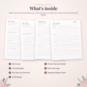 K&ouml;nnte beinhalten: Ein Hochzeitsgel&uuml;bde-Schreibheft mit vier wei&szlig;en, linierten Seiten mit den &Uuml;berschriften Our Story, About You, My Promises und The Structure. Der Text lautet You Aisle Love What's inside, gefolgt von sechs Merkmalen wie Gebrauchsanweisung, Prompt-Seiten, einer viergeteilten Struktur, Entwurfsseiten, &Uuml;bungstipps, einer Seite f&uuml;r das finale Gel&uuml;bde und einer Erinnerungsseite.