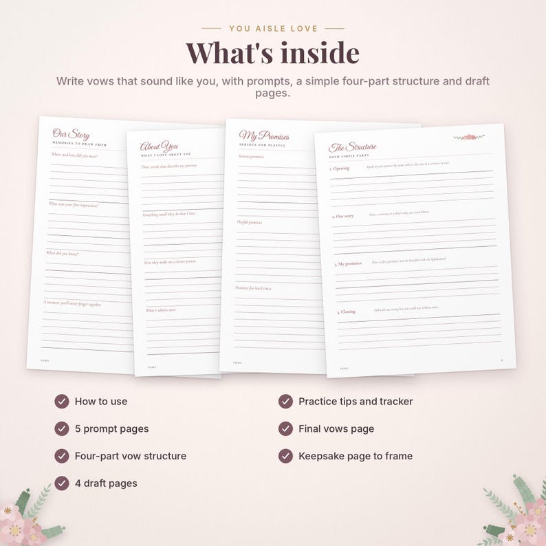 K&ouml;nnte beinhalten: Ein Hochzeitsgel&uuml;bde-Schreibheft mit vier wei&szlig;en, linierten Seiten mit den &Uuml;berschriften Our Story, About You, My Promises und The Structure. Der Text lautet You Aisle Love What's inside, gefolgt von sechs Merkmalen wie Gebrauchsanweisung, Prompt-Seiten, einer viergeteilten Struktur, Entwurfsseiten, &Uuml;bungstipps, einer Seite f&uuml;r das finale Gel&uuml;bde und einer Erinnerungsseite.